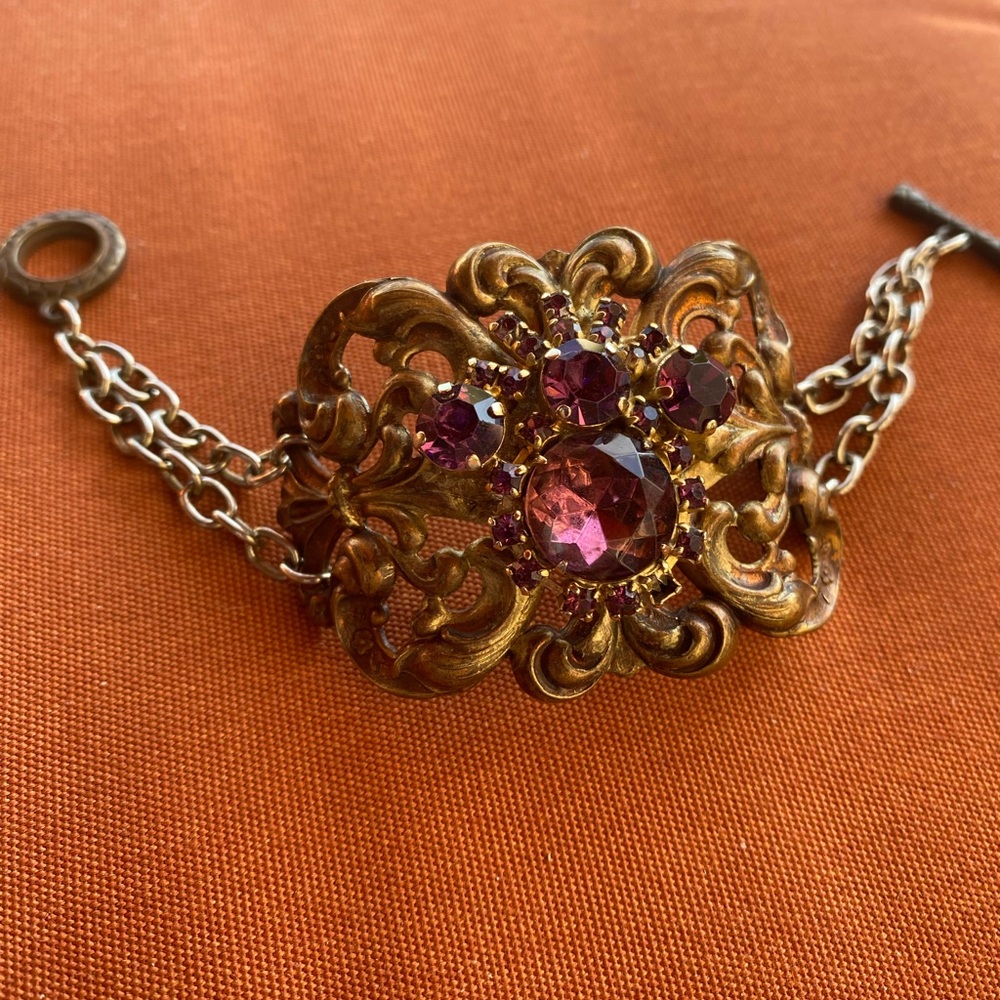 Vintage brass and amethyst glass stones bracelet